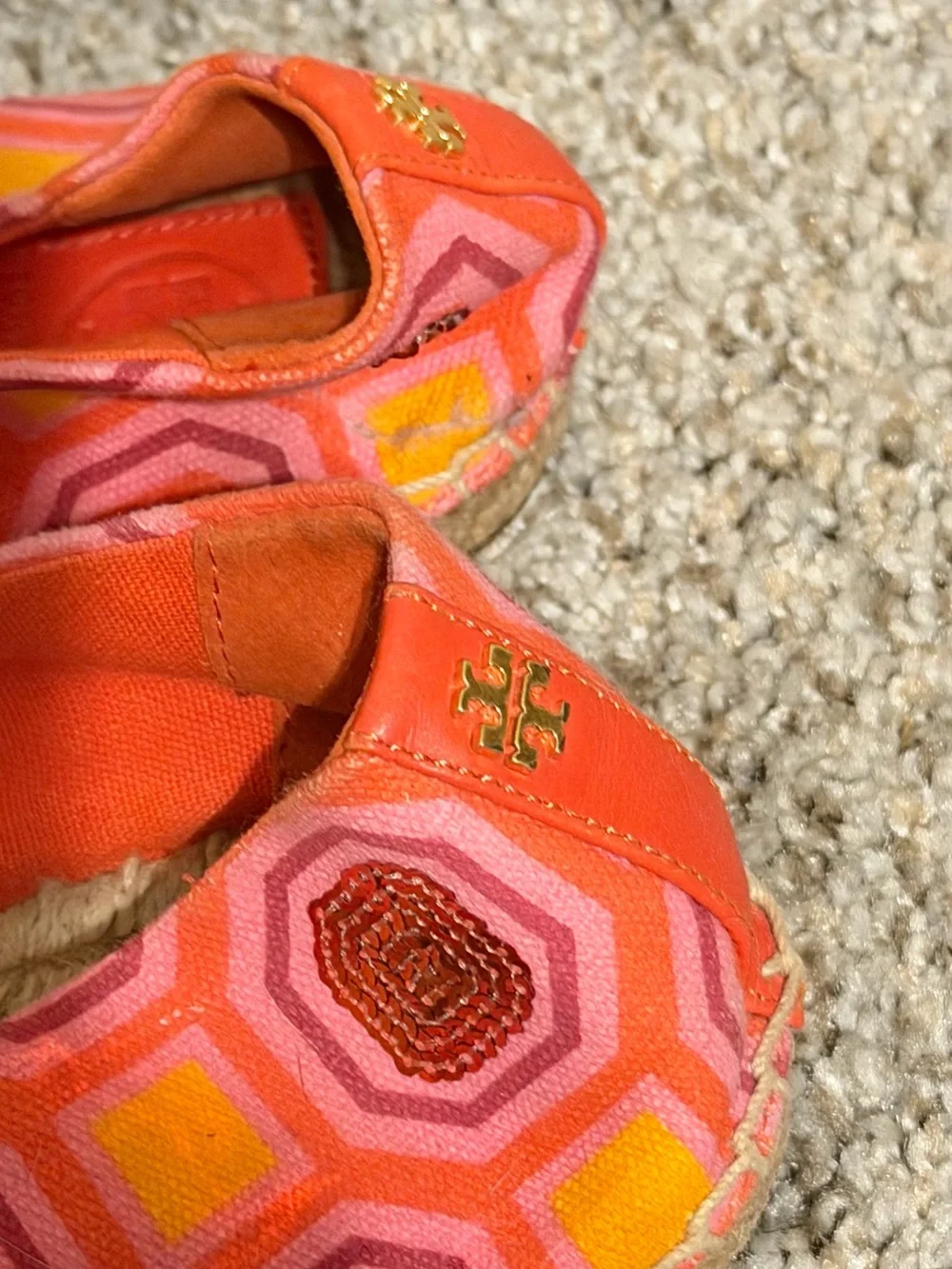 Tory Burch Pink and Orange Geometric Sequins Espadrille Flats